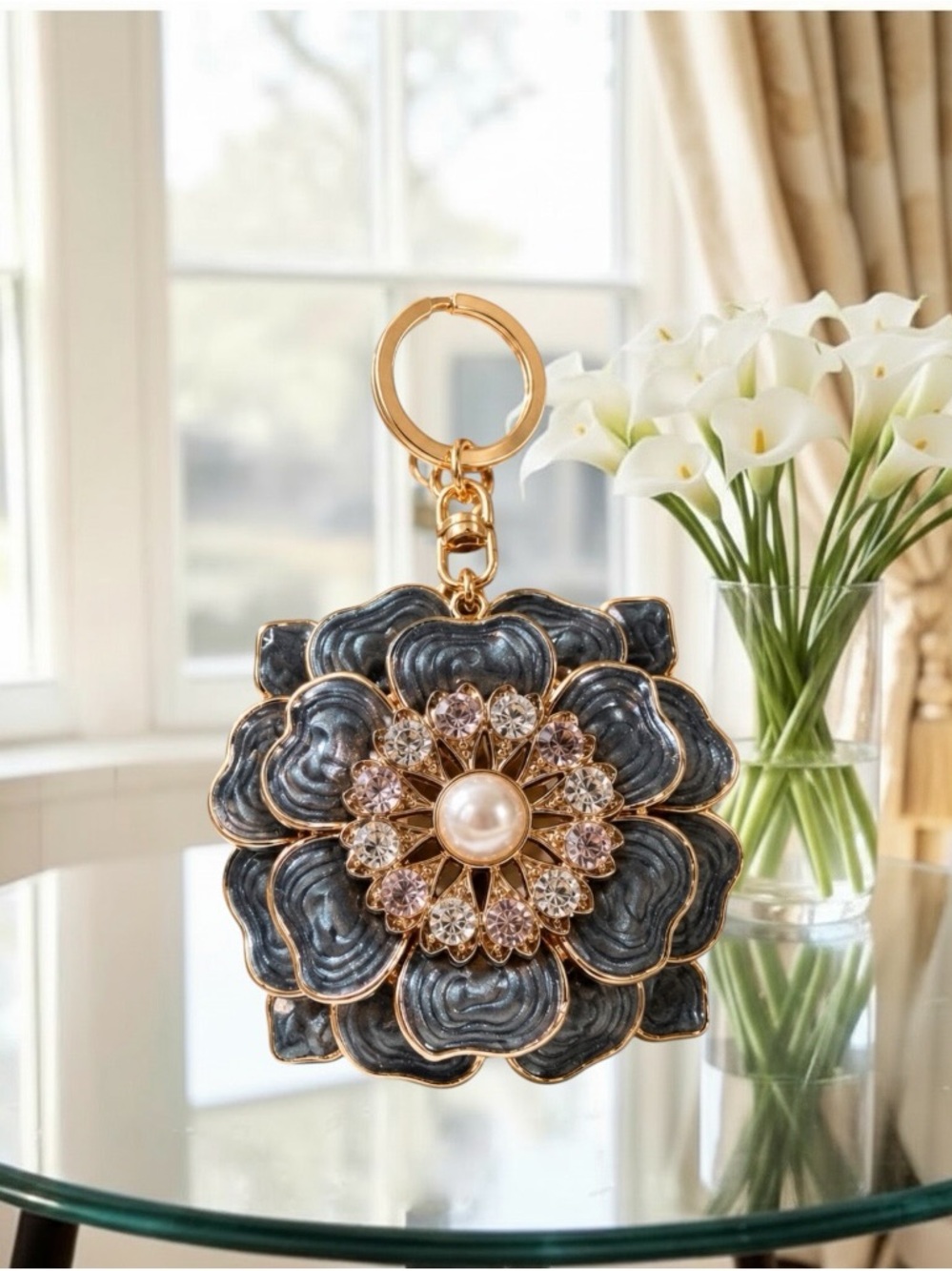 Gold & Gray Floral Pearl Bag/Keychain Charm